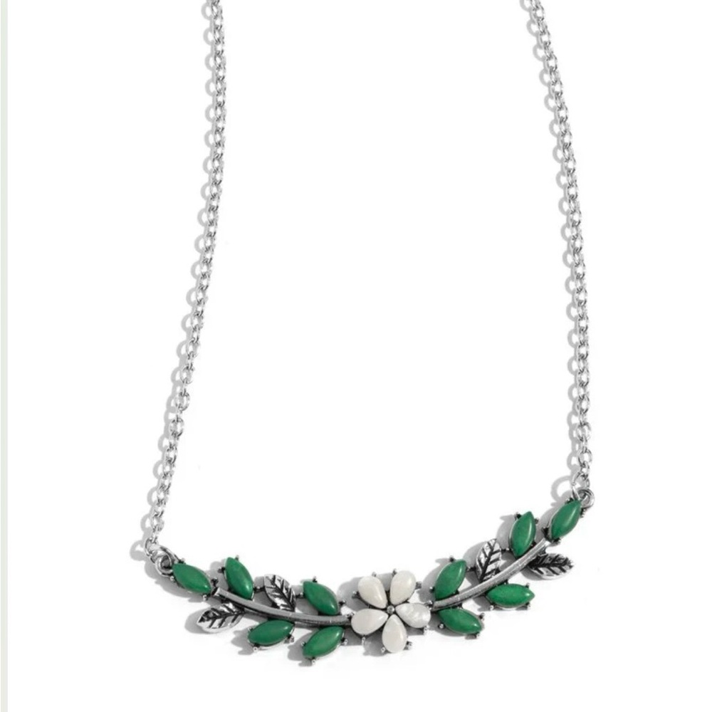 *NEW*  Silver Necklace with Green and White Floral Design “Leafy Layover”